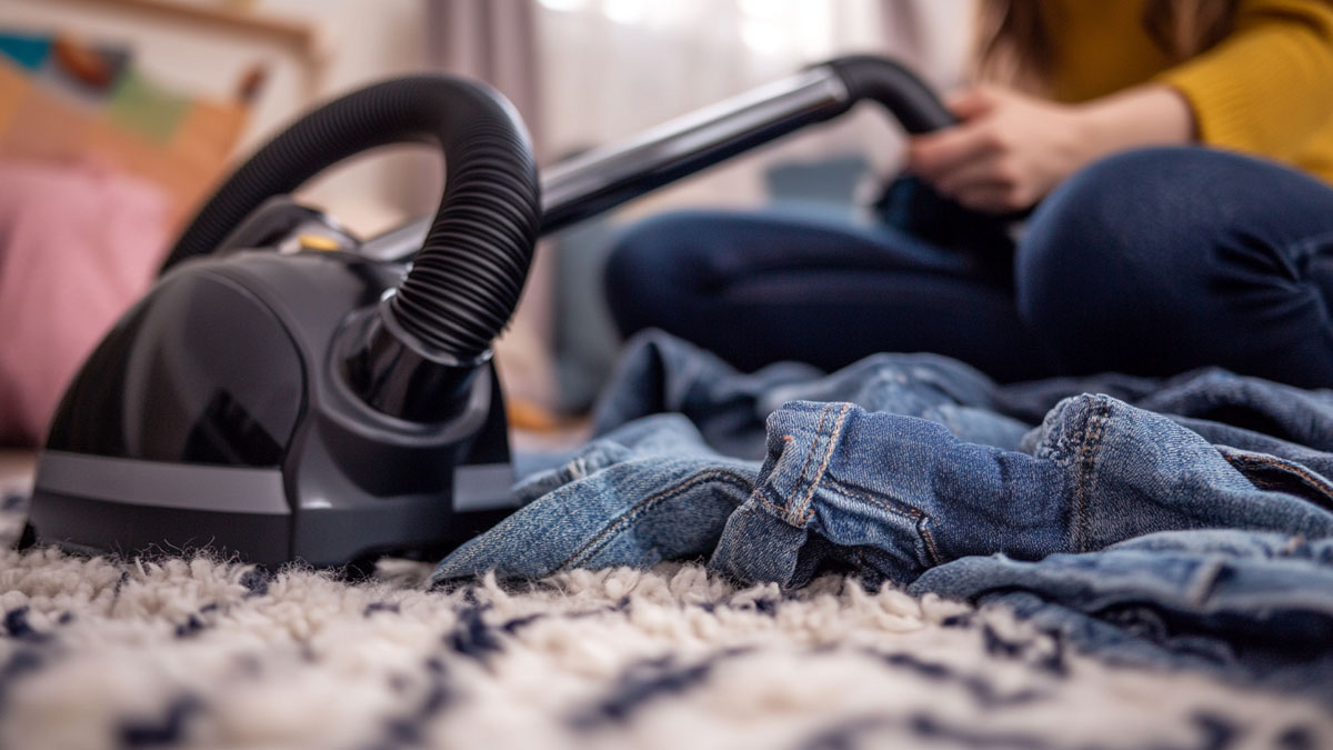 Person using a vacuum on clothing