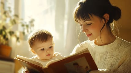 A mother reading a book to a child