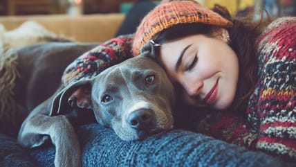 Woman cuddling a dog
