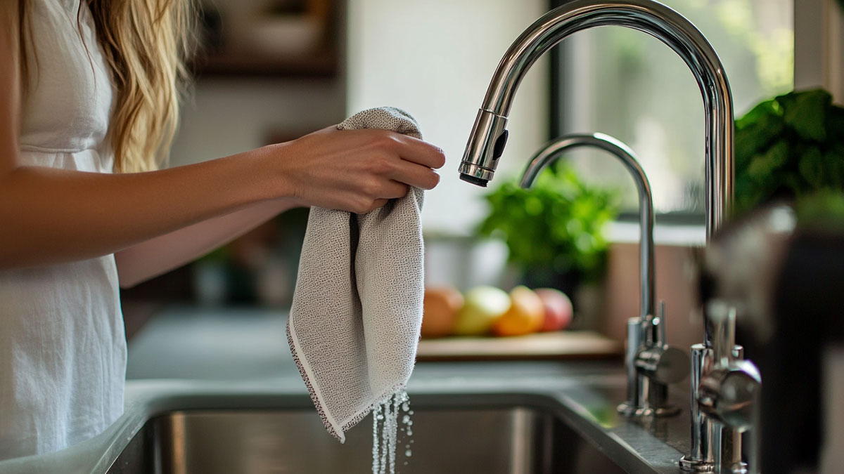 Draining a wet cloth by sink