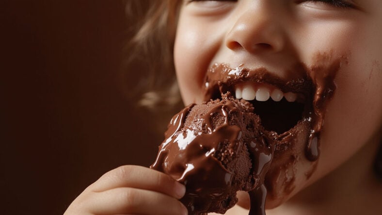 Kid getting messy eating chocolate