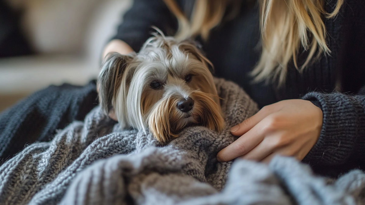 Dog cuddling in a blanket