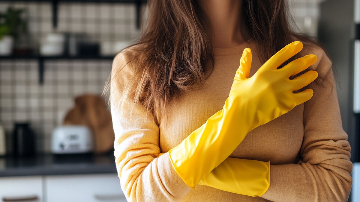 Woman wearing rubber gloves